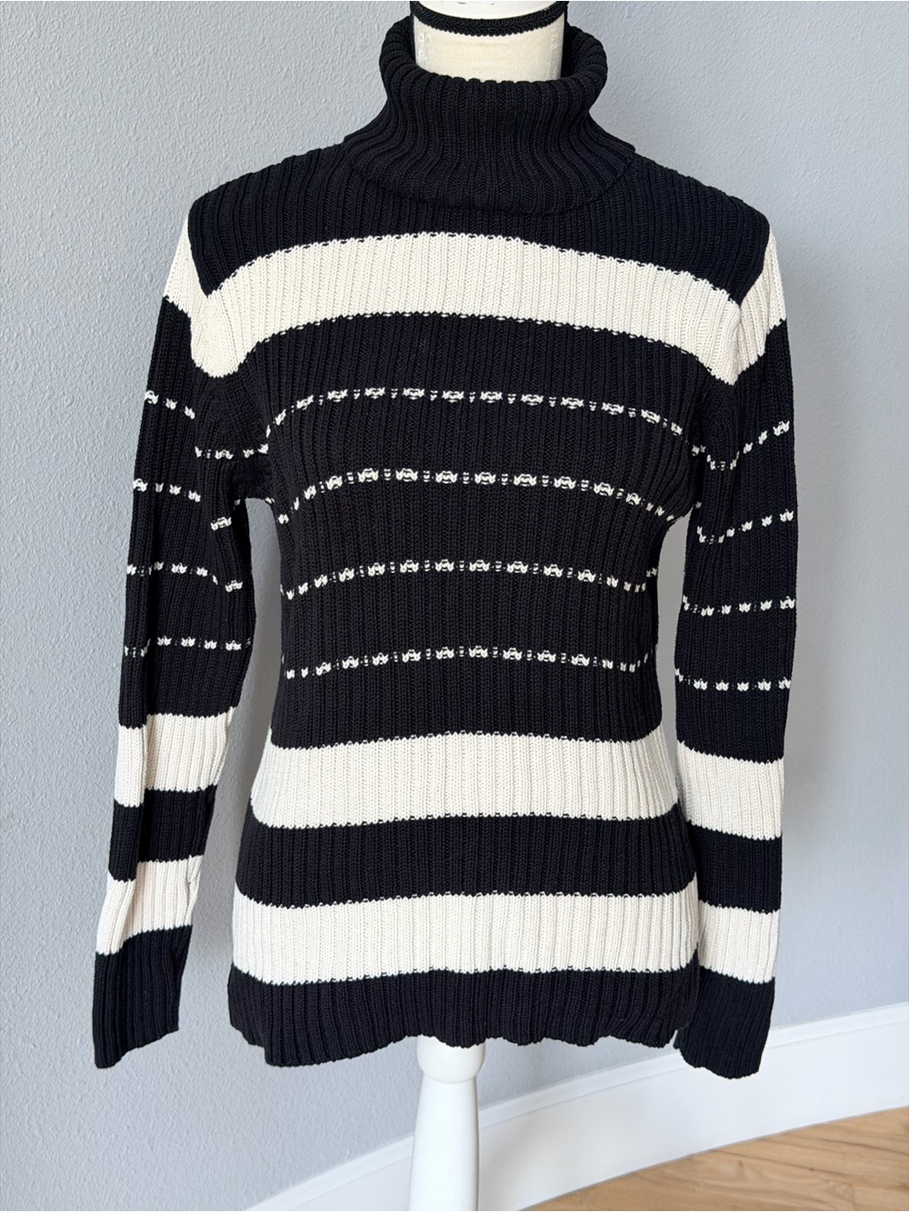 Jeanne Pierre Striped Ribbed Cotton Turtleneck Sweater Large Black Cream